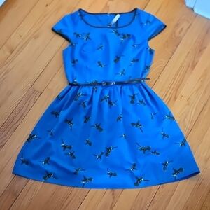Kensie Blue A-Line Mini Dress, Cap Sleeves, Hummingbird Pattern, Belt, Zipper